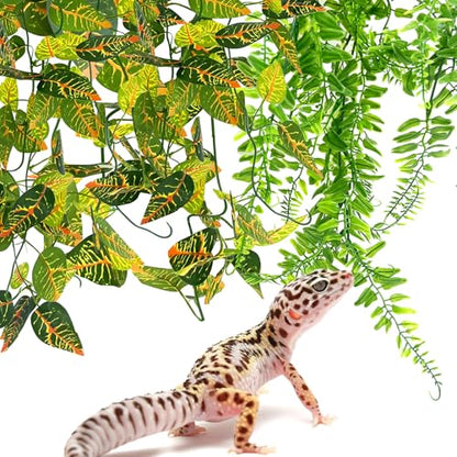 Hamiledyi 5 Pcs Reptile Plants Terrarium Hanging Fake Plant Leaves and Extra Large Tortoise Hide Reptile Hiding Cave Turtle Hut for Adult Bearded Dragon Snake Chameleon