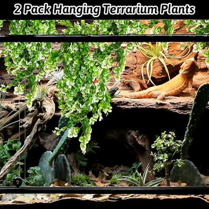 Hamiledyi 6 PCS Hanging Fake Plants for Reptiles, Fake Reptile Plants for Reptiles Tank with Suction Cup, Reptile Plants Jungle Hanging Vines for Bearded Dragon Tank (Green and White) - size: 6 PCS