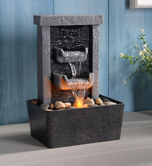 GOSSI Indoor Waterfall Fountain, 10.3" Tabletop Water Fountain with LED Lights & River Rocks, Relaxing Home Office Decor - color: Dark Gray