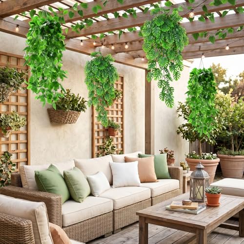 Daifunli 12 Pcs Artificial Hanging Plants Fake Hanging Ferns Plastic Fake Plant for Wall Room Garden Garland Indoor Outdoor Decor No Basket (Monstera Vine,Ivy Vine) - style: Monstera Vine, Ivy Vine
