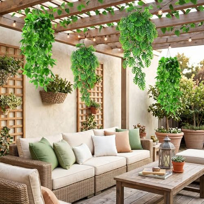 Daifunli 12 Pcs Artificial Hanging Plants Fake Hanging Ferns Plastic Fake Plant for Wall Room Garden Garland Indoor Outdoor Decor No Basket (Monstera Vine,Ivy Vine) - style: Monstera Vine, Ivy Vine