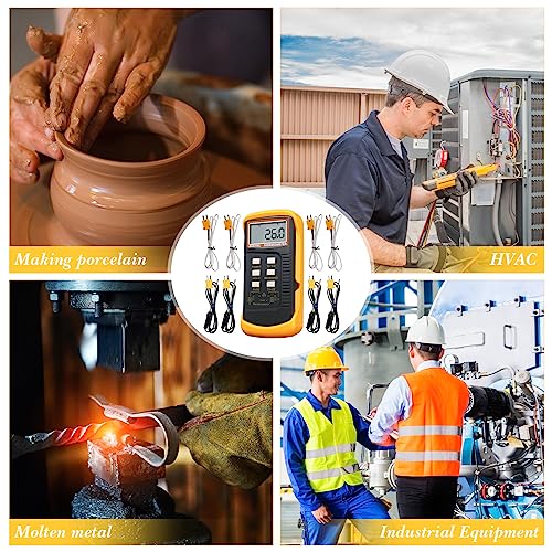 2 Pcs Thermocouple Thermometer Digital K Type HVAC Dual Channels Digital Thermometer with 8 Thermocouples Max/min Temperature Measurement, -50~1300°c (-58~2372°f) High Temperature Pyrometer