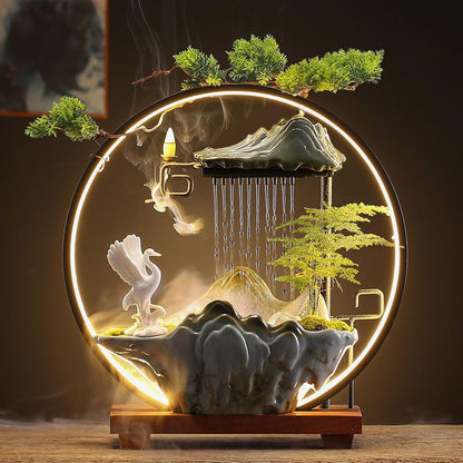 Tabletop Water Fountains Indoor Waterfall Fountain with Mist LED Light Feng Shui Wealth Desk Fountain with Backflow Incense Holder Zen Decor for Meditation (Crane) | Tabletop Water Fountains with Backflow Incense Holder, Indoor Meditation Water Feature fo
