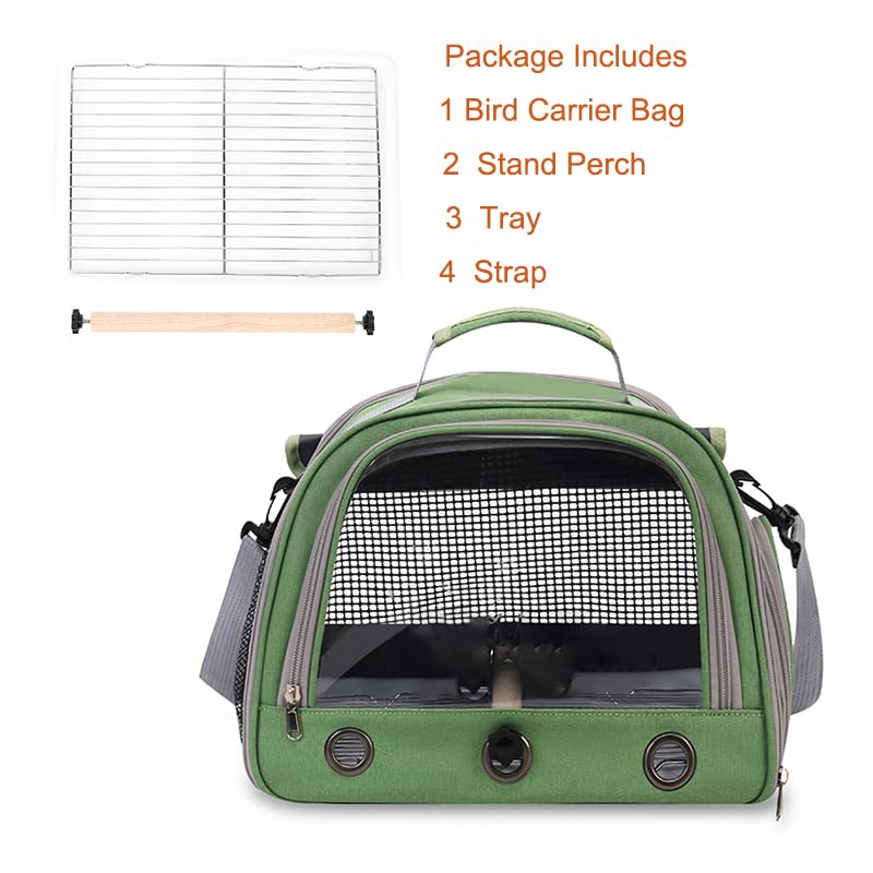 Bird Travel Carrier, Portable Small Bird Parrot Parakeet Carrier with Standing Perch and Tray, Side Access Window Collapsible Bird Carry Transport Bag for Vet Visit(Green)