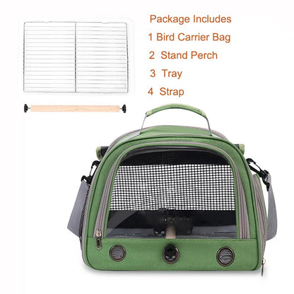 Bird Travel Carrier, Portable Small Bird Parrot Parakeet Carrier with Standing Perch and Tray, Side Access Window Collapsible Bird Carry Transport Bag for Vet Visit(Green)