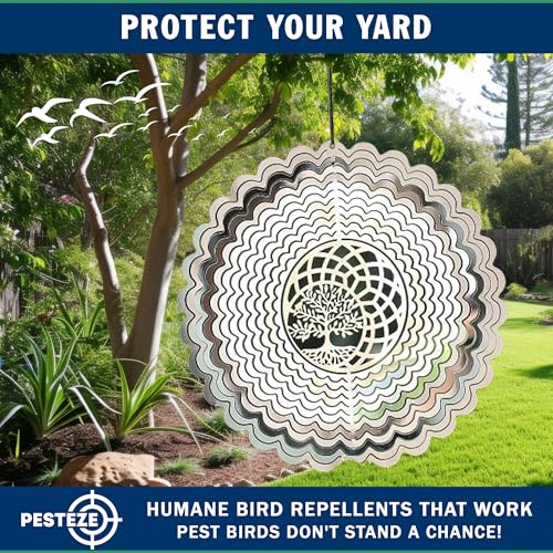 PESTEZE USA Premium Tree of Life Wind Spinner – 6x9’’ Stainless Steel Reflective 3D Hanging Outdoor Spinner for Bird Deterrent, Garden & Yard Metal Ornament | Durable, Decorative & Humane Pest Control