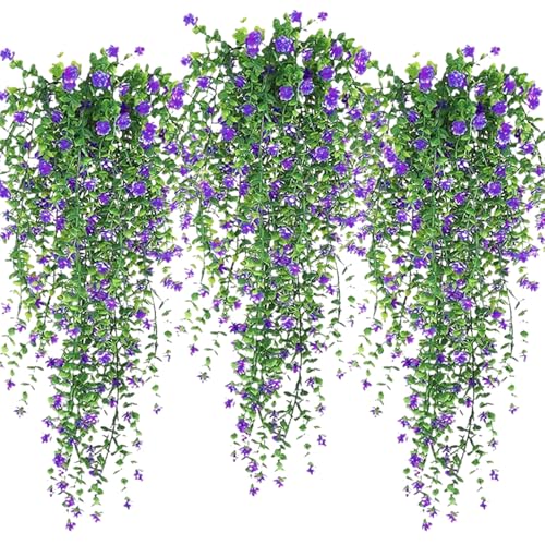 Artificial Hanging Flowers, 3 Pcs Fake Hanging Plants Decor, Artificial Vines for Outdoors, UV Resistant No Fade Artificial Fake Hanging for Indoor Decoration Outdoor Porch Courtyard (Purple) - color: Purple