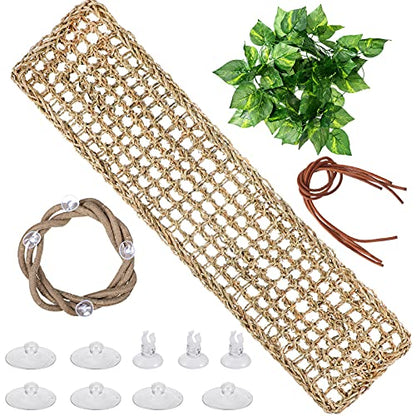 Jetec Large Bearded Dragon Hammock Set, Reptile Hammock with Climbing Vine & Leaves, Extra Large Jungle Climber Vines Habitat Decor with Strong Suction Cups, Terrarium Accessories