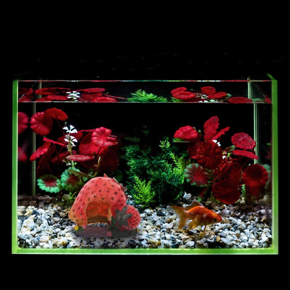 POPETPOP Strawberry Shaped Reptile Hideout Resin Cave for Bearded Dragon Lizard Turtle Habitat Basking Platform Aquarium Decor Shelter 5.11X4.33X4.33In