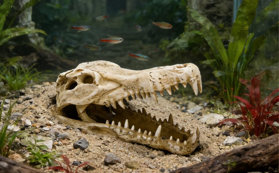 Dinosaur Skull Resin Ornament for Reptile Tanks and Aquariums, Simulated Bone Design, Hiding Cave for Snakes, Lizards, and Spiders, Terrarium Decoration, 4.7 x 2.2 x 3 in