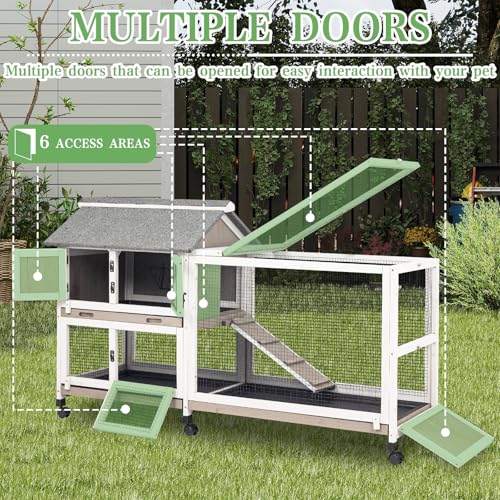 2-Story Rabbit Hutch Indoor & Outdoor, Large Bunny Hutch with 3 Pull-Out Trays, 6 Lockable Wheels, Wooden Rabbit Cage with Asphalt Roof & 6 Accesses for 2-4 Rabbits, Backyard, Home, Patio - size: PET80