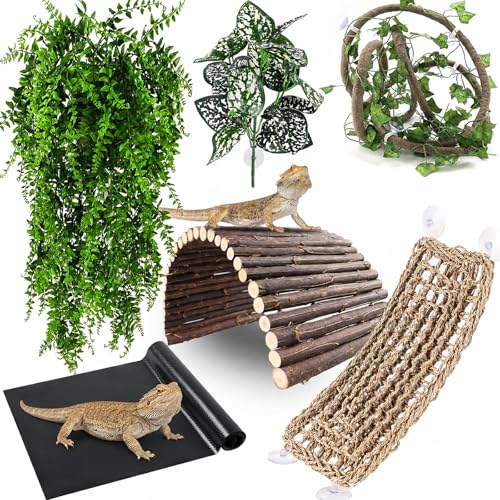 RUNANIA Bearded Dragon Tank Accessories, Reptile Mat Hammock Plants Bridge Jungle Climber Vines Terrarium Decorations for Bearded Dragon Lizard Snake - color: 7 Pcs-with Mat