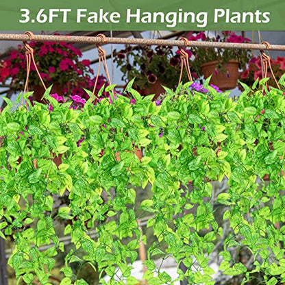 Hoteam 12 Pcs Artificial Hanging Plants 32 Inch Fake Ivy Vines with Fake Leaves Patio Artificial Plants Greenery for Living Room Indoor Outdoor Wall, No Basket (Marble Queen Pothos) - color: Marble Queen Pothos