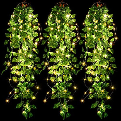 Mudder 3 Packs LED Artificial Hanging Plants, 3.6 ft Fake Hanging Plant, Ivy Vine Fake Leaves Greeny Chain Wall Home Room Garden Wedding Garland Outside Decor (Basket Not Included) (Greenery Style) - color: Greenery Style