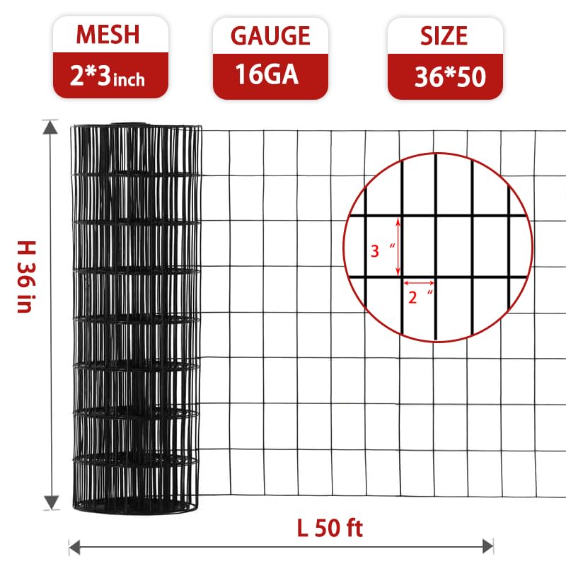 Hardware Cloth for Chicken Wire Fencing of Chicken Coop-2x3in Mesh AWG 16 Gauge 36in x 50ft Black PVC Coated Welded Wire Mesh Roll-Chicken Runs, Rabbit Hutches, Deer Barriers, Garden Mesh - color: Black, size: 2'' x 3'' 36 x 50' (AWG 16Ga)