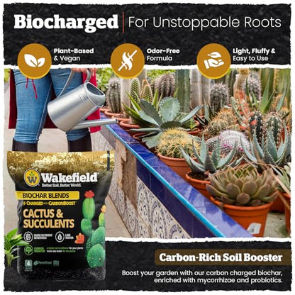 Wakefield Biochar Blend Potting Mix for Cactus & Succulent – Premium Potting Soil Blend with CarbonBoost Technology for Superior Drainage, Moisture Retention & Root Growth – 4 QT Organic Soil Mix - size: 4 Quart