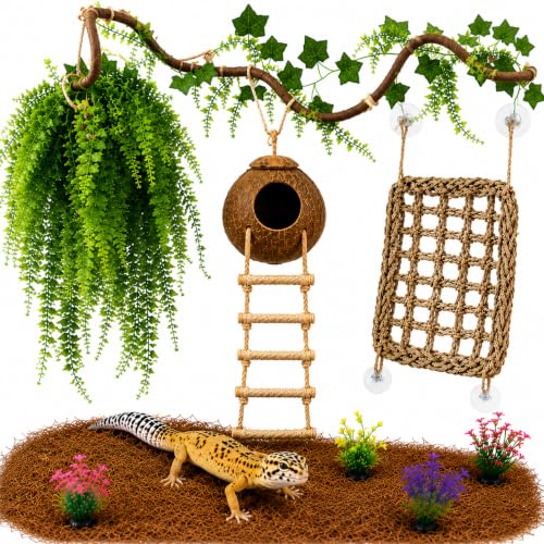 Leopard Gecko Tank Accessories. Reptile Hammock Vines Plants with Coconut Shell Ladder Hideout Hermit Crab Decor for Bearded Dragon Lizard Chameleon Crested Gecko Tortoise Snake - color: S-BD-2-A