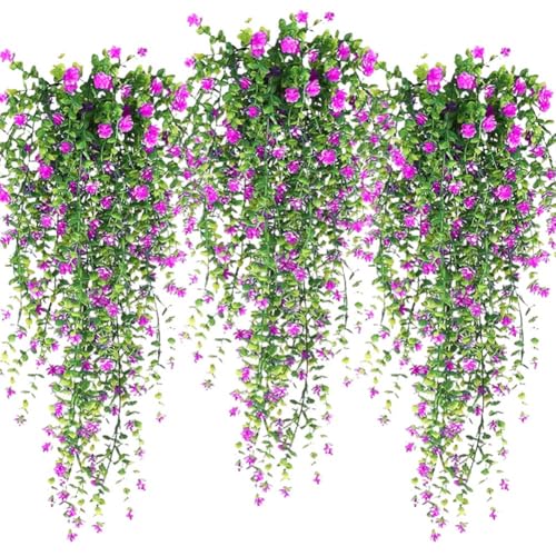 Artificial Hanging Flowers, 3 Pcs Fake Hanging Plants Decor, Artificial Vines for Outdoors, UV Resistant No Fade Artificial Plants Suitable for Indoor Decoration Outdoor Porch Courtyard (red lotus) - color: Red Lotus