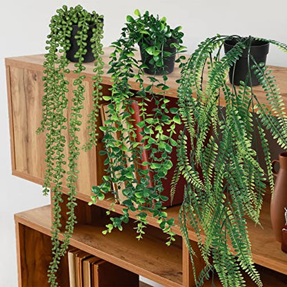 Jexine 8 Pcs Artificial Hanging Plants Potted Fake Plants Greenery Faux Eucalyptus Vine Mandala Vine String of Pearls Fern Plastic for Shelf Home Wall Living Room Office Indoor Outdoor Garden Decor