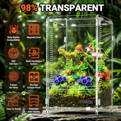 Jumping Spider Enclosure, Acrylic Terrarium with with Magnetic Doors, 0.8mm Micro-Ventilation, Stackable Escape-Proof Habitat for Jumping Spiders, Tarantulas & Small Reptiles, 4.7"x4.7"x9" - size: 1Pack, 4.7"x4.7"x9"