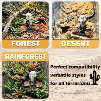 Reptile Water Bowl Bull-Head Shape Gecko Décor Terrarium Tank Decoration | Western bull head skull design, two water/food bowl, for leopard gecko/ bearded dragon and other small reptiles