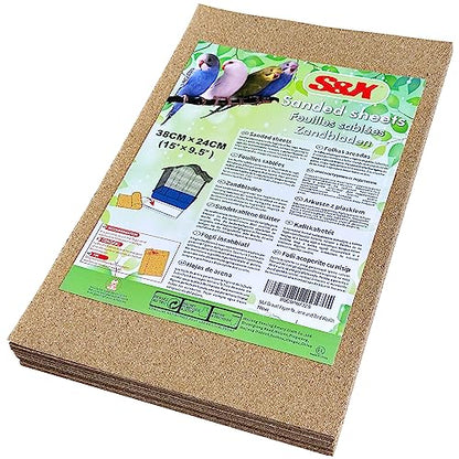 S&X Bird Cage Liners 15 x 9.5in, 30-Pack, Disposable Gravel Paper Sheets | Thick, flat gravel paper eases cage cleanup – gritty surface helps trim claws & beaks – pre-cut to fit common cage trays - size: 15" x 9.5" - 30PCS