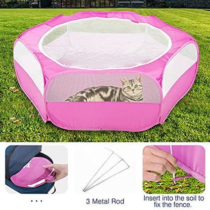 Pawaboo Small Animals Playpen, Waterproof Small Pet Cage Tent with Zippered Cover, Portable Outdoor Yard Fence with 3 Metal Rod for Chick/Kitten/Puppy/Guinea Pig/Rabbits/Hamster, Rose Red - color: Rose Red