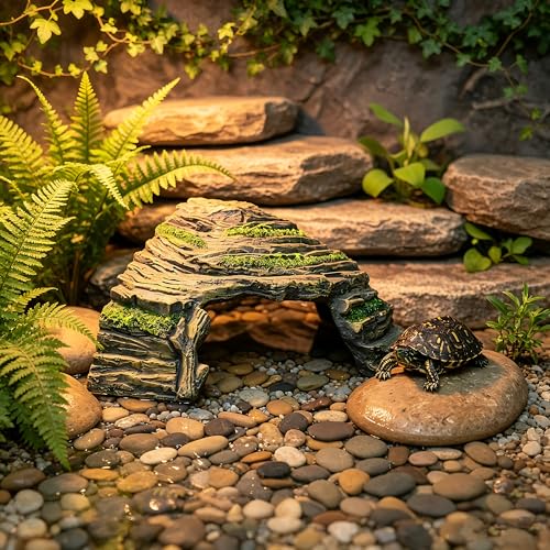 Reptile Hideout Cave with Textured Top for Natural Shedding Aid | Non-toxic resin habitat decor, fits terrariums to reduce pet stress. Sized 6.3x6.3x4.06 in for geckos & spiders.