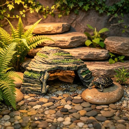 Reptile Hideout Cave with Textured Top for Natural Shedding Aid | Non-toxic resin habitat decor, fits terrariums to reduce pet stress. Sized 6.3x6.3x4.06 in for geckos & spiders.
