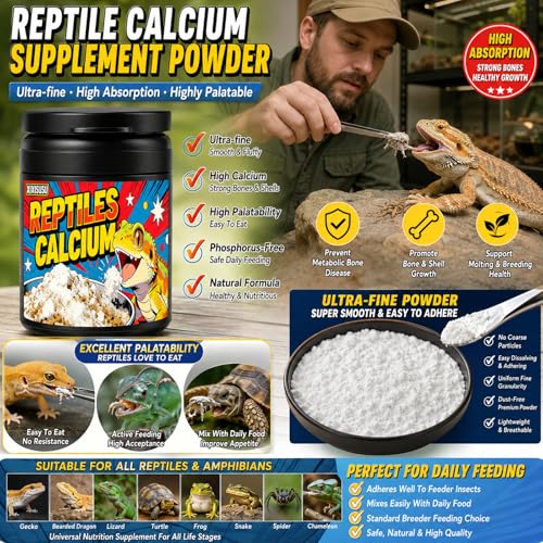 Reptile Calcium Powder with D3-2oz Fine Grind for Bearded Dragons, Leopard Geckos & Tortoises | Essential Vitamin Supplement for Bone Health & Strong Shells