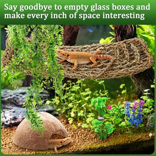 Foilswirl 32 Pcs Bearded Dragon Tank Accessories Reptile Hammock Coconut Shell Nest Jungle Climber Vines Terrarium Branch Plant Feeder Habitat Decor for Hiding Climbing Snake Gecko Lizard Chameleon