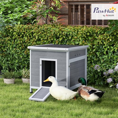 PawHut Duck Coop, Wooden Chicken House Rabbit Hutch with Openable Roof, Removable Floor, Double Doors, Ramp, Duck House for 2-4 Chickens, Geese, 25" x 32" x 30" - size: 24.8"L x 32.3"W x 29.9"H