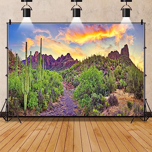 AOFOTO 10x7ft Western Desert Backdrop Arizona National Park Rock Mountain Green Plants Saguaro Cactus Landscape Terrarium Background Reptile Habitat Tank Decor Cowboy Pet Portrait Photo Shoot Props - size: 10x7ft