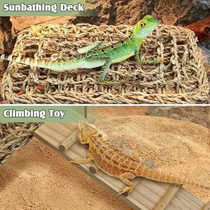 Fhiny Bearded Dragon Lounger with Wooden Ladder, Reptile Bed with Metal Legs Seagrass Hammock for Reptile, Tank Accessories Decor for Lizards Leopard Gecko Snake Hermit Crab Frog