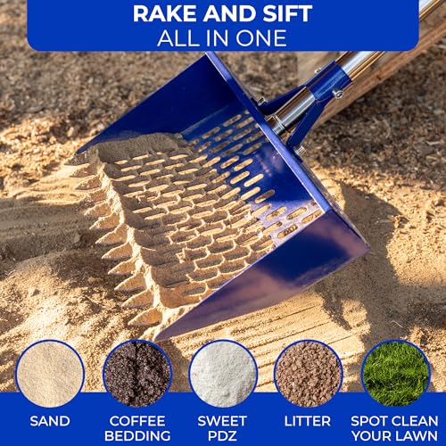 Chicken Poop Scooper with Adjustable Handle – Heavy Duty Metal Chicken Coop Cleaner, Wide Sifting Scoop with Built-in Rake & Hook for Sand, Bedding & Manure