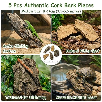 5PCS Cork Bark for Reptiles, Five Pieces Habitat Decor, Reptile Enclosure Bark Pieces, Ideal for Climbing and Hiding
