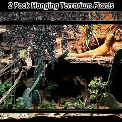 Hamiledyi 6 PCS Reptile Plants, Hanging Terrarium Plants, Artificial Leaves Habitat Decorations with Suction Cup, Fake Amphibian Plants for Bearded Dragon Lizard Hermit Crab Geckos Chameleon(Black) - size: 6 PCS
