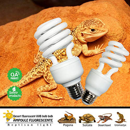 UVA UVB Light Reptile Bulb 10.0 13W Desert Compact Fluorescent Terrarium Lamp for Bearded Dragon, Turtle, Snake, Gecko, Lizard With UV Tester Card