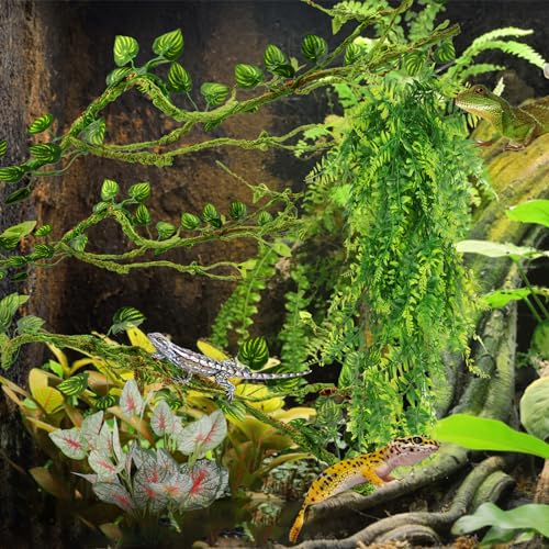 QUOZUO Reptile Plants, Terrarium Hanging Plant Vines Artificial Leaves Reptile Hide, Leopard Gecko Tank Accessories, Terrarium Decorations for Bearded Dragon Lizard Snake Chameleon