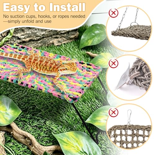 Bearded Dragon Hammock with Ladder, Foldable Reptile Bed with Metal Legs, Cotton-Woven Reptile Basking Platform, Lizard Climbing Accessories for Leopard Gecko, Snakes, Frogs, Hermit Crabs