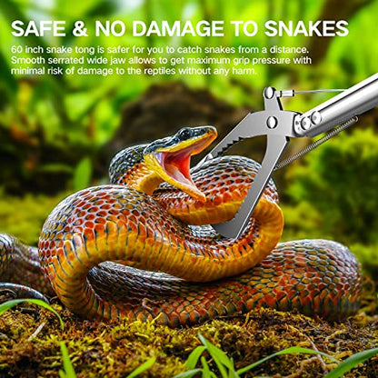 60" Snake Tongs Collapsible Grabber, Professional Reptile Snake Catcher Wide Jaw Handling Tool, Stainless Steel Snake Hook - size: 60 inch