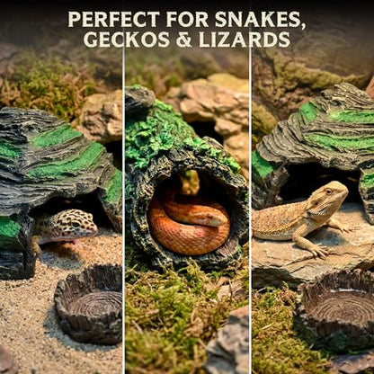 Reptile Starter Kit with Hideouts & Tank Decor - 4-Piece Set for Snakes, Leopard Geckos & Lizards, Reptile & Amphibian Habitat Hideouts with Cave, Log & Food and Water Dishes