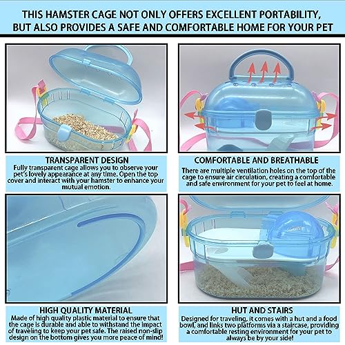 Portable Hamster Cage Syrian Hamster Carry Travel Cage with Water Bottle Food Bowl Adjustable Strap Small Animals Outgoing Cages for Gerbil Squirrel Guinea Pig Chinchilla Hedgehog Blue - color: Blue Hamster Carriers
