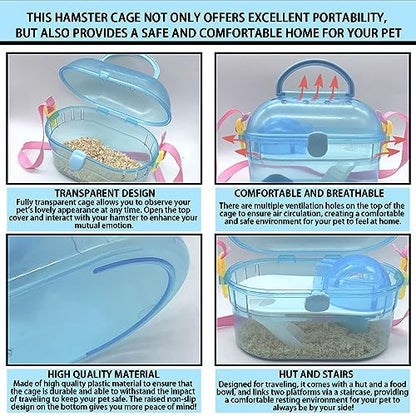 Portable Hamster Cage Syrian Hamster Carry Travel Cage with Water Bottle Food Bowl Adjustable Strap Small Animals Outgoing Cages for Gerbil Squirrel Guinea Pig Chinchilla Hedgehog Blue - color: Blue Hamster Carriers