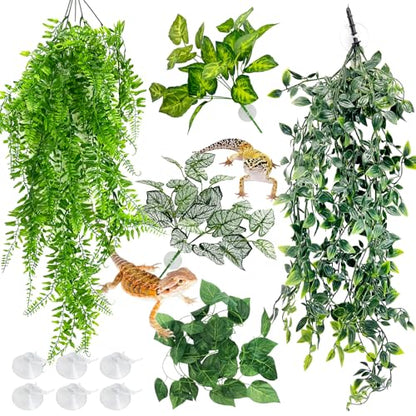 Hamiledyi 5 Pcs Reptile Plants Terrarium Hanging Fake Plant Leaves, Bearded Dragon Tank Accessories, Habitat Decor for Snake Leopard Gecko Lizard Chameleon Spider Turtle (Style 2) - size: 5 PCS - Style 2