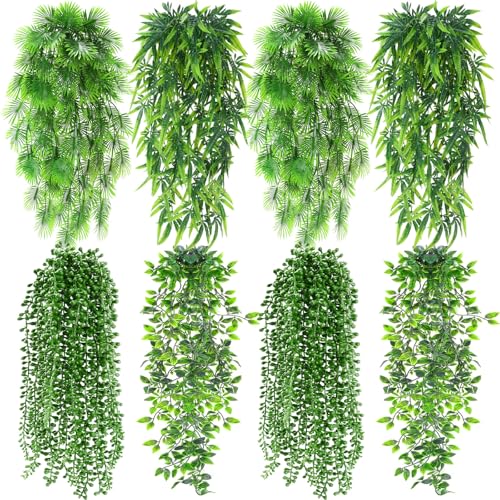 Daifunli 12 Pcs Artificial Hanging Plants Fake Hanging Ferns Plastic Fake Plant for Wall Room Garden Garland Indoor Outdoor Decor No Basket (Palm,Mandala,String of Pearls,Maple Leaf) - style: Palm, Mandala, String of Pearls, Maple Leaf