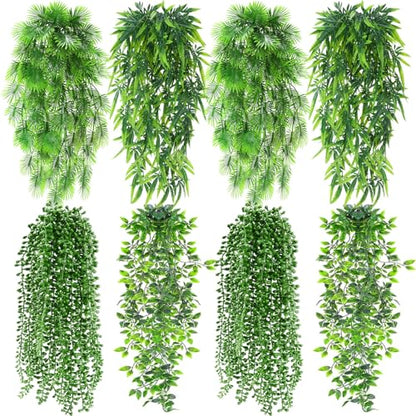 Daifunli 12 Pcs Artificial Hanging Plants Fake Hanging Ferns Plastic Fake Plant for Wall Room Garden Garland Indoor Outdoor Decor No Basket (Palm,Mandala,String of Pearls,Maple Leaf) - style: Palm, Mandala, String of Pearls, Maple Leaf
