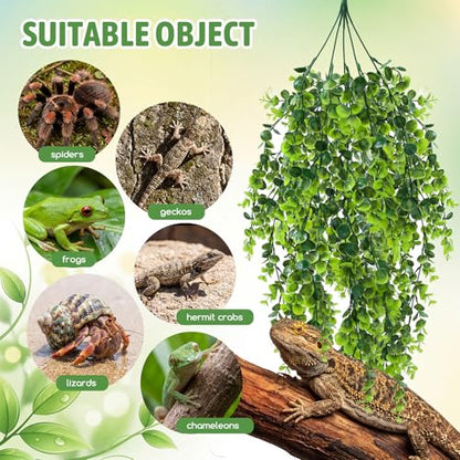 Suncalla 12 Pcs Reptile Plants Terrarium Hanging Plant Vines Artificial Leaves with Suction Cups Climbing Foliage for Bearded Dragon Lizard Gecko Snake Tank Accessories Decor (Lush Series) - style: Lush Series
