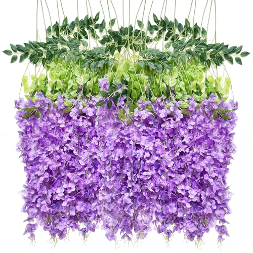 Artificial Flowers Hanging Flowers, Fake Wisteria Flower Garland Silk Vines Rattan String Decor for Home Wedding Arch Wall Garden Greenery Bedroom Outdoor Office Party Decoration (12, Light Purple) - color: Light Purple