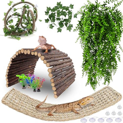 HERCOCCI Bearded Dragon Tank Accessories, 9Pcs Reptile Plants Vines Hammock Flexible Bridge with Suction Cups Terrarium Habitat Décor for Snake Gecko Lizard Chameleon